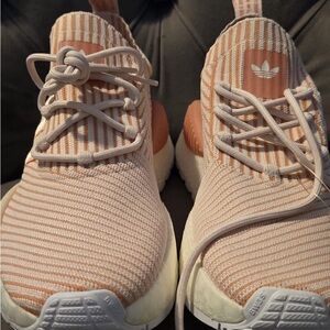 Adidas Peach and White Striped Sneakers